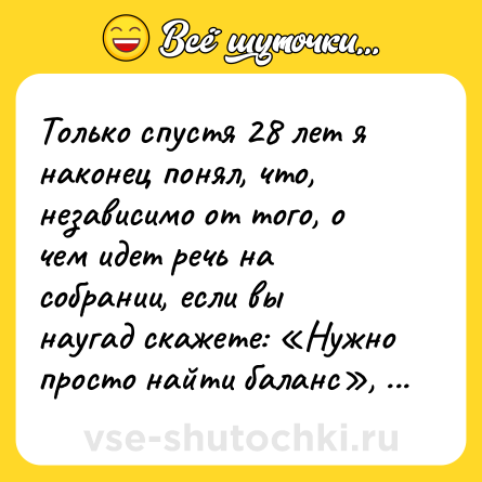 Шутка: Только спустя 28 лет я наконец понял, что, независимо от того, о чем идет речь на собрании, если вы наугад скажете: «Нужно просто найти баланс», люди всегда согласятся с вами.