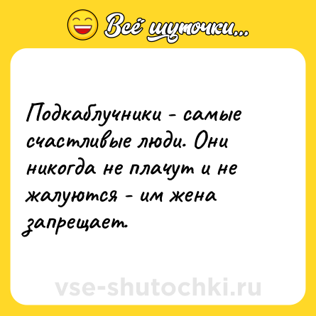 Шутка: Подкаблучники - самые счастливые люди. Они никогда не плачут и не жалуются - им жена запрещает.