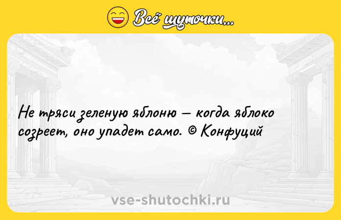 Цитата: Не тряси зеленую яблоню когда яблоко созреет, оно упадет само. Конфуций