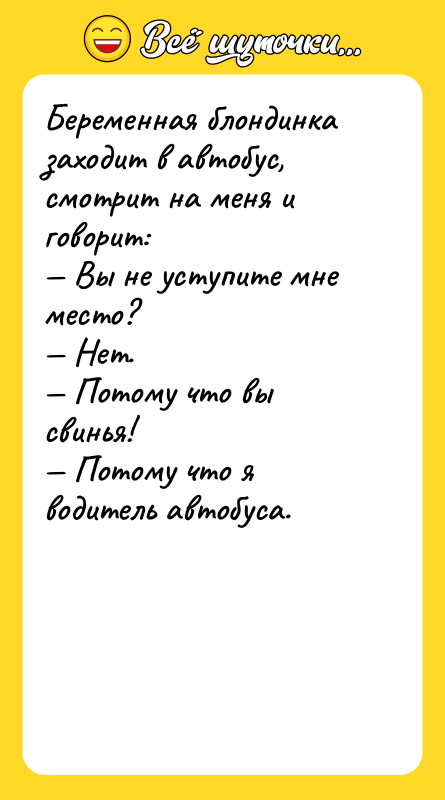 Беременная блондинка заходит в автобус, смотрит на меня и говорит: