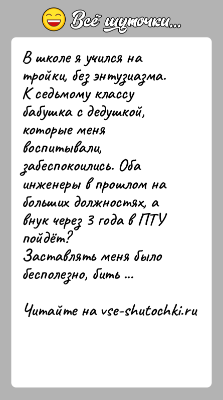 История: В школе я учился на тройки, без энтузиазма. К седьмому классу бабушка с дедушкой, которые меня воспитывали, забеспокоились. Оба инженеры