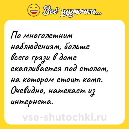 Шутка: По многолетним наблюдениям, больше всего грязи в доме скапливается под столом, на котором стоит комп. Очевидно, натекает из интернета.