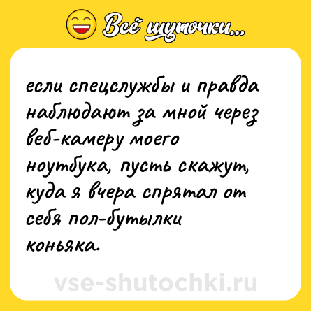 Шутка: если спецслужбы и правда наблюдают за мной через веб-камеру моего ноутбука, пусть скажут, куда я вчера спрятал от себя пол-бутылки коньяка.