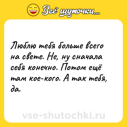 Шутка: Люблю тебя больше всего на свете. Не, ну сначала себя конечно. Потом ещё там кое-кого. А так тебя, да.