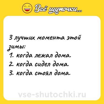 Шутка: 3 лучших момента этой зимы: <br>1. когда лежал дома. <br>2. когда сидел дома. <br>3. когда стоял дома.