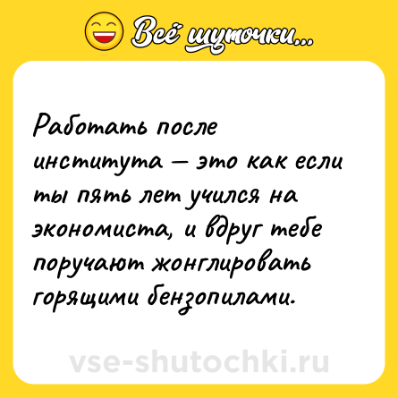 Шутка: Работать после института это как если ты пять лет учился на экономиста, и вдруг тебе поручают жонглировать горящими бензопилами.