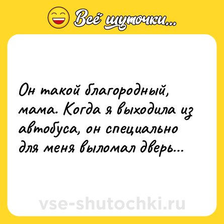 Шутка: Он такой благородный, мама. Когда я выходила из автобуса, он специально для меня выломал дверь…