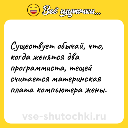 Шутка: Существует обычай, что, когда женятся два программиста, тещей считается материнская плата компьютера жены.