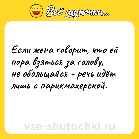 Шутка: Если жена говорит, что ей пора взяться за голову, не обольщайся - речь идёт лишь о парикмахерской.