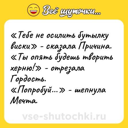 Шутка: «Тебе не осилить бутылку виски» - сказала Причина.<br>«Ты опять будешь творить херню!» - отрезала Гордость.<br>«Попробуй…» - шепнула Мечта.