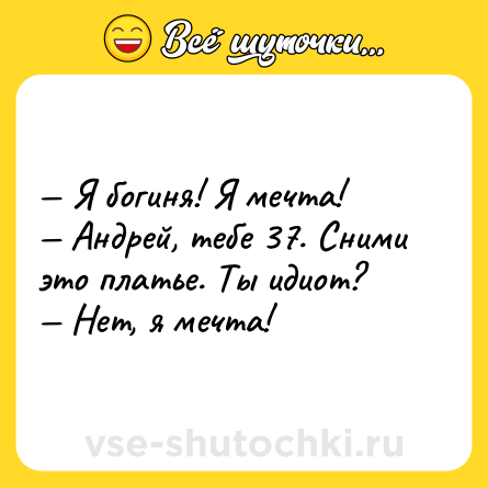 Шутка: — Я богиня! Я мечта!<br>— Андрей, тебе 37. Сними это платье. Ты идиот?<br>— Нет, я мечта!