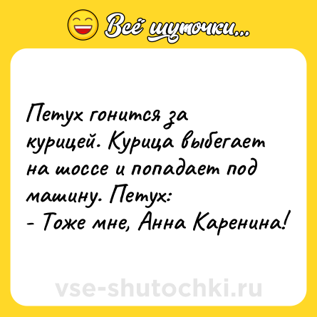 Шутка: Петух гонится за курицей. Курица выбегает на шоссе и попадает под машину. Петух:<br>- Тоже мне, Анна Каренина!
