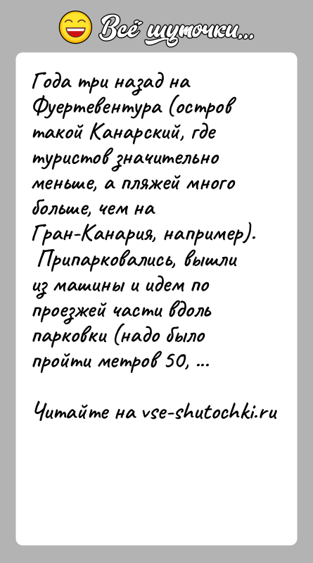 История: Года три назад на Фуертевентура (остров такой Канарский, где туристов значительно меньше, а пляжей много больше, чем на Гран-Канария, например).