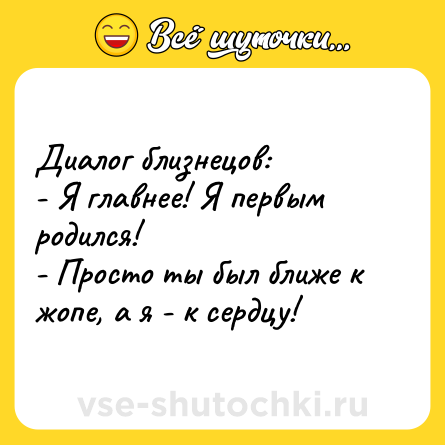 Шутка: Диалог близнецов:<br>- Я главнее! Я первым родился! <br>- Просто ты был ближе к жопе, а я - к сердцу!