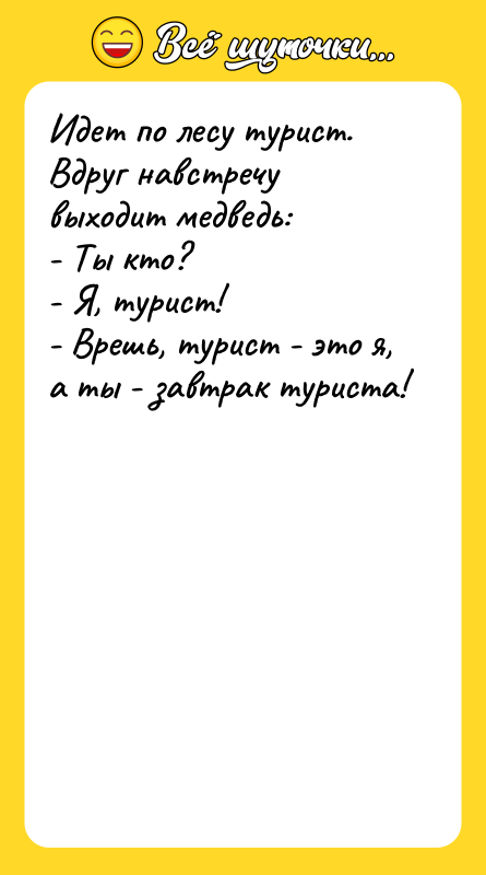 Идет по лесу турист. Вдруг навстречу выходит медведь: - Ты
