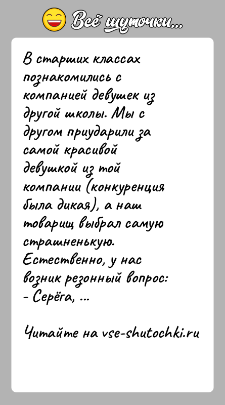 История: В старших классах познакомились с компанией девушек из другой школы. Мы с другом приударили за самой красивой девушкой из той