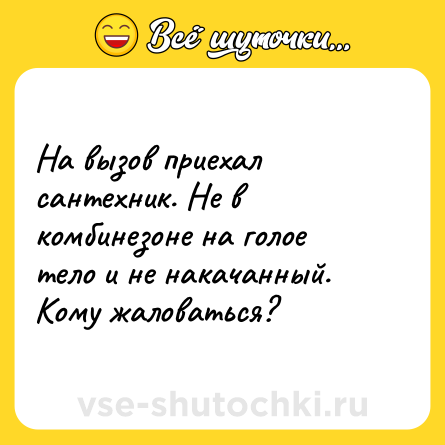 Шутка: На вызов приехал сантехник. Не в комбинезоне на голое тело и не накачанный. Кому жаловаться?