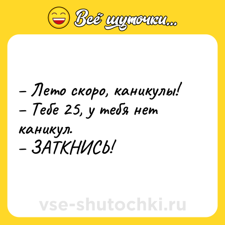 Шутка: – Лето скоро, каникулы!<br>– Тебе 25, у тебя нет каникул.<br>– ЗАТКНИСЬ!