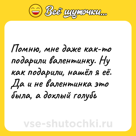 Шутка: Помню, мне даже как-то подарили валентинку. Ну как подарили, нашёл я её. Да и не валентинка это была, а дохлый голубь