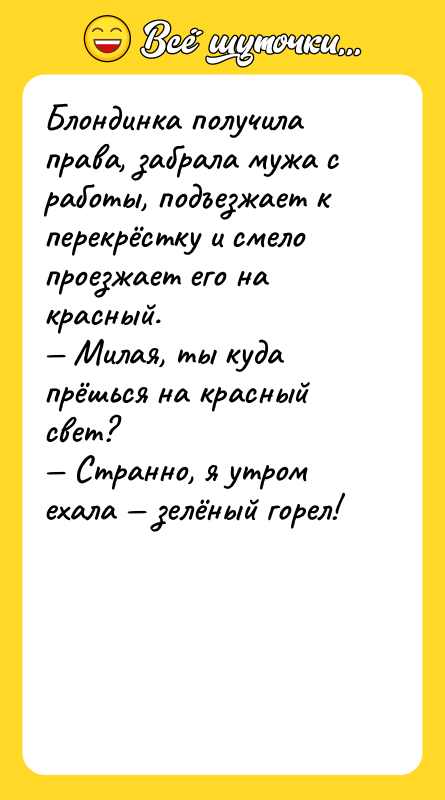 Блондинка получила права, забрала мужа с работы, подъезжает к перекрёстку
