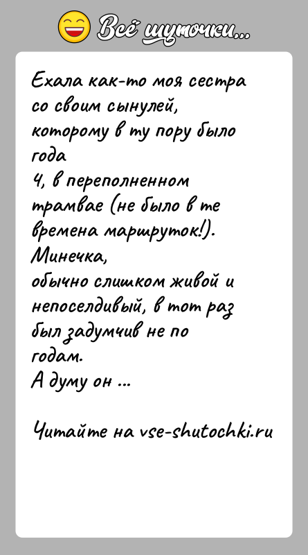 История: Ехала как-то моя сестра со своим сынулей, которому в ту пору было года4, в переполненном трамвае (не было в те