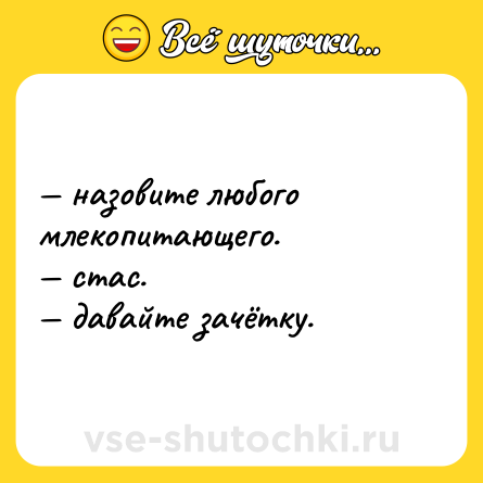 Шутка: — назовите любого млекопитающего.  <br>— стас.  <br>— давайте зачётку.