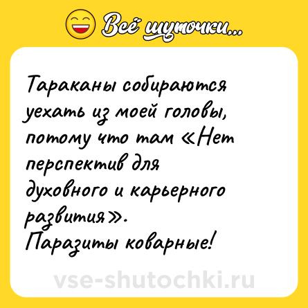 Шутка: Тараканы собираются уехать из моей головы, потому что там «Нет перспектив для духовного и карьерного развития». <br>Паразиты коварные!
