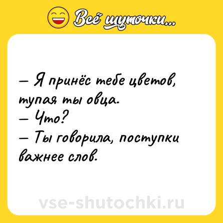Шутка: — Я принёс тебе цветов, тупая ты овца.<br>— Что?<br>— Ты говорила, поступки важнее слов.