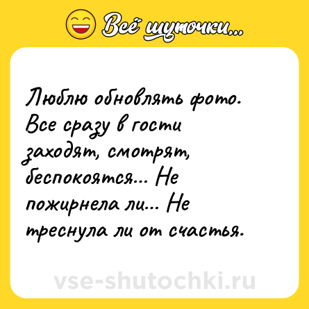 Шутка: Люблю обновлять фото. Все сразу в гости заходят, смотрят, беспокоятся… Не пожирнела ли… Не треснула ли от счастья.