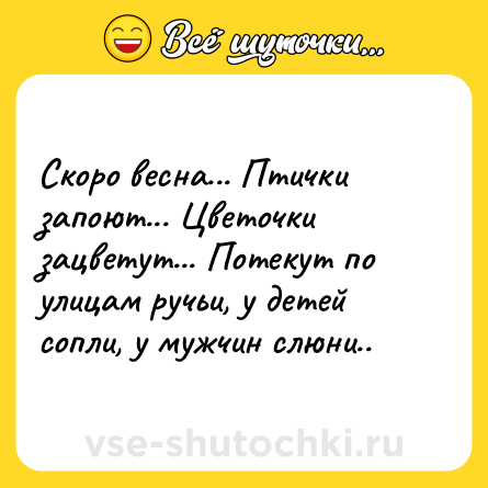 Шутка: Скоро весна... Птички запоют... Цветочки зацветут... Потекут по улицам ручьи, у детей сопли, у мужчин слюни..