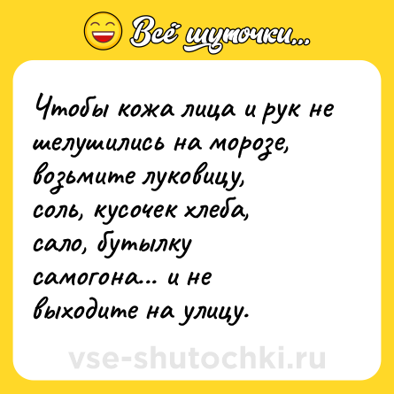 Шутка: Чтобы кожа лица и рук не шелушились на морозе, возьмите луковицу, соль, кусочек хлеба, сало, бутылку самогона... и не выходите на улицу.
