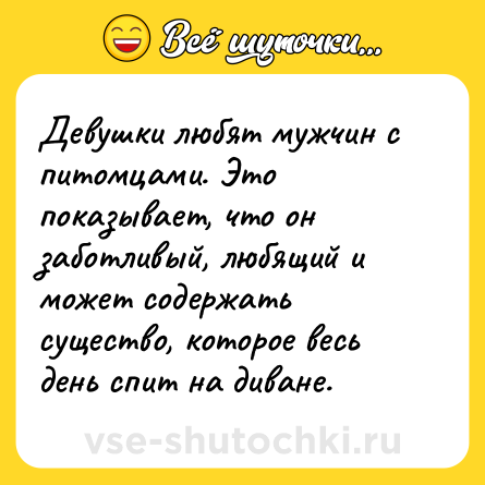 Шутка: Девушки любят мужчин с питомцами. Это показывает, что он заботливый, любящий и может содержать существо, которое весь день спит на диване.