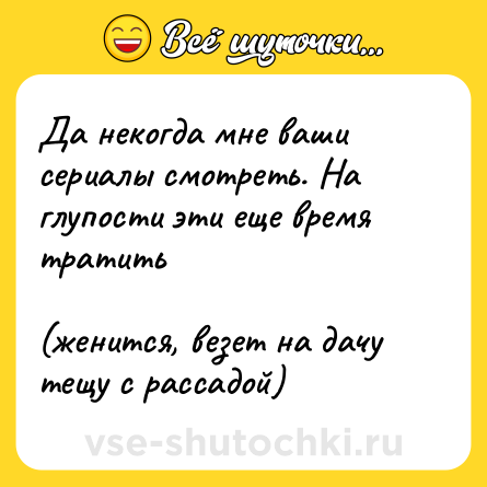 Шутка: Да некогда мне ваши сериалы смотреть. На глупости эти еще время тратить<br><br>(женится, везет на дачу тещу с рассадой)