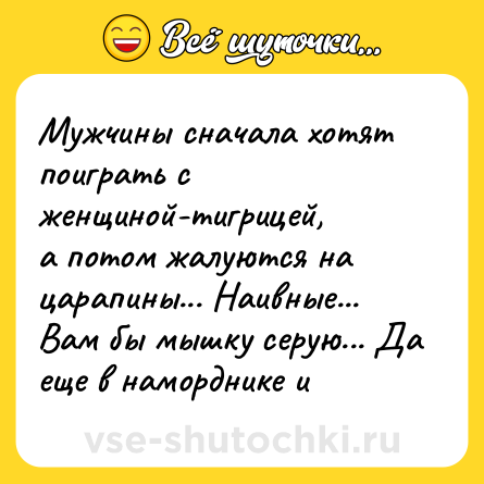 Шутка: Мужчины сначала хотят поиграть с женщиной-тигрицей, <br>а потом жалуются на царапины... Наивные... <br>Вам бы мышку серую... Да еще в наморднике и
