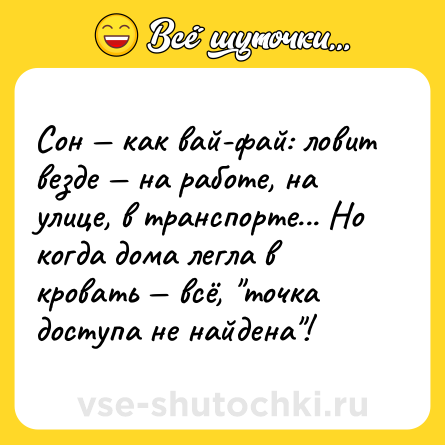 Шутка: Сон — как вай-фай: ловит везде — на работе, на улице, в транспорте... Но когда дома легла в кровать — всё, 