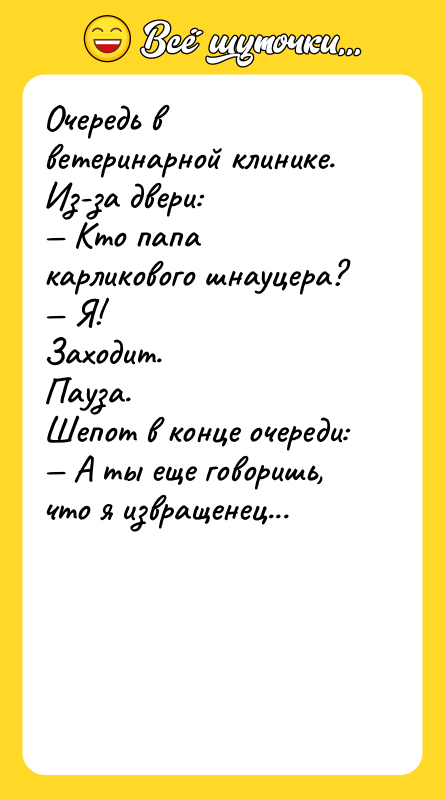 Очередь в ветеринарной клинике. Из-за двери: Кто папа карликового