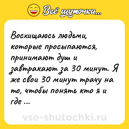 Шутка: Восхищаюсь людьми, которые просыпаются, принимают душ и завтракают за 30 минут. Я же свои 30 минут трачу на то, чтобы понять кто я и где нахожусь. 