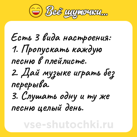 Шутка: Есть 3 вида настроения:<br>1. Пропускать каждую песню в плейлисте.<br>2. Дай музыке играть без перерыва.<br>3. Слушать одну и ту же песню целый день.