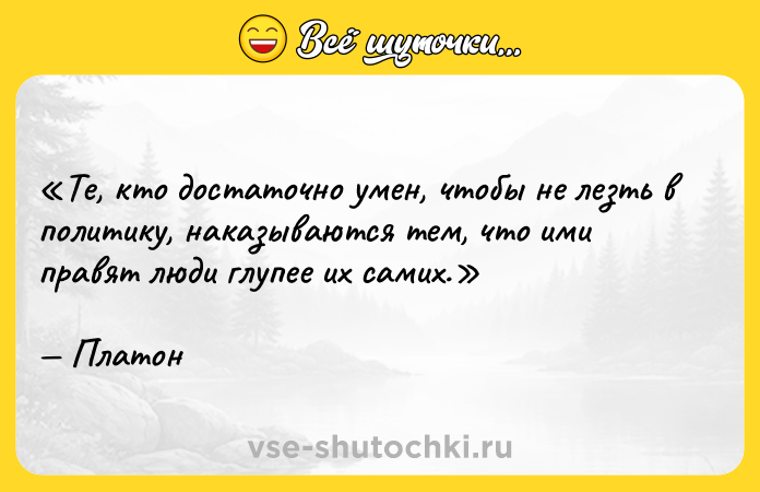 Цитата: Те, кто достаточно умен, чтобы не лезть в политику, наказываются тем, что ими правят люди глупее их самих.Платон