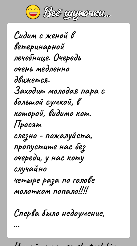 История: Сидим с женой в ветеринарной лечебнице. Очередь очень медленно движется.Заходит молодая пара с большой сумкой, в которой, видимо кот. Просятслезно