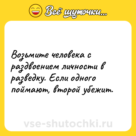 Шутка: Возьмите человека с раздвоением личности в разведку. Если одного поймают, второй убежит.