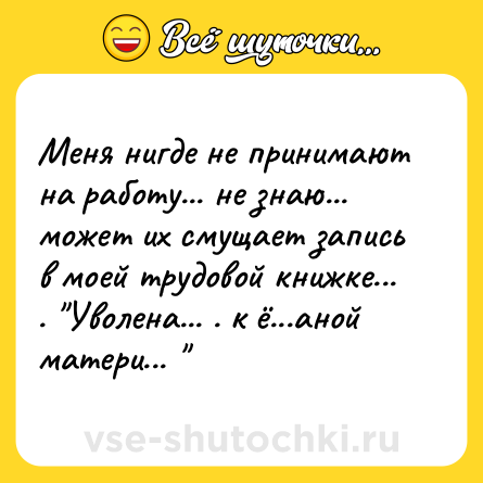 Шутка: Меня нигде не принимают на работу... не знаю... может их смущает запись в моей трудовой книжке... . 