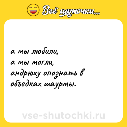 Шутка: а мы любили,  <br>а мы могли,  <br>андрюху опознать в объедках шаурмы.