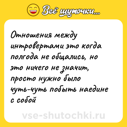 Шутка: Отношения между интровертами это когда полгода не общались, но это ничего не значит, просто нужно было чуть-чуть побыть наедине с собой