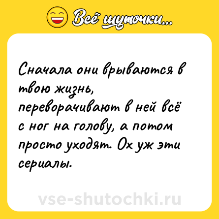 Шутка: Сначала они врываются в твою жизнь, переворачивают в ней всё с ног на голову, а потом просто уходят. Ох уж эти сериалы.