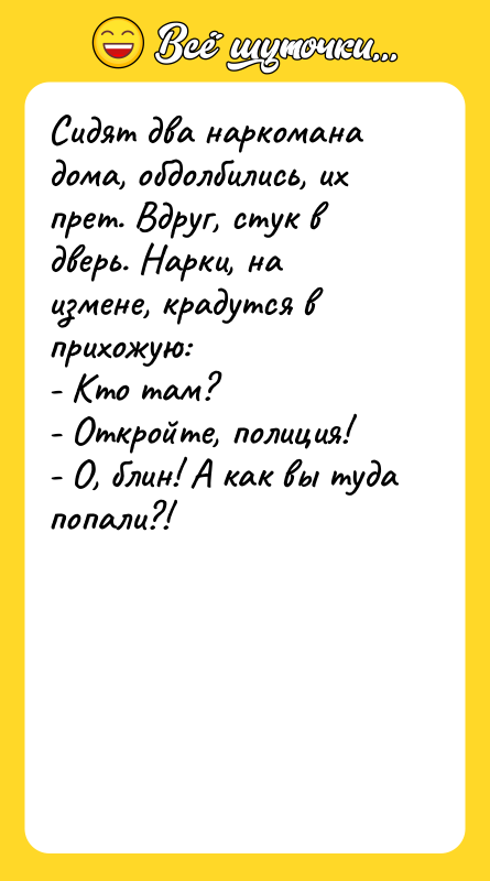 Сидят два наркомана дома, обдолбились, их прет. Вдруг, стук в