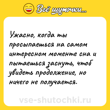 Шутка: Ужасно, когда ты просыпаешься на самом интересном моменте сна и пытаешься заснуть, чтоб увидеть продолжение, но ничего не получается.