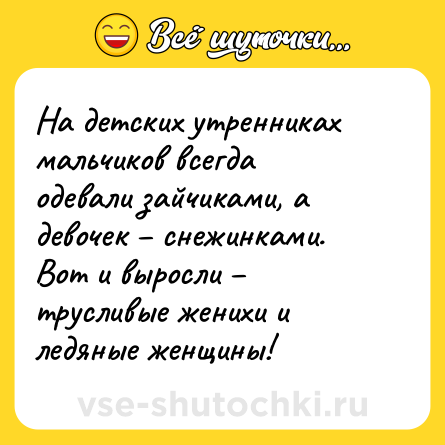 Шутка: На детских утренниках мальчиков всегда одевали зайчиками, а девочек – снежинками. Вот и выросли – трусливые женихи и ледяные женщины!