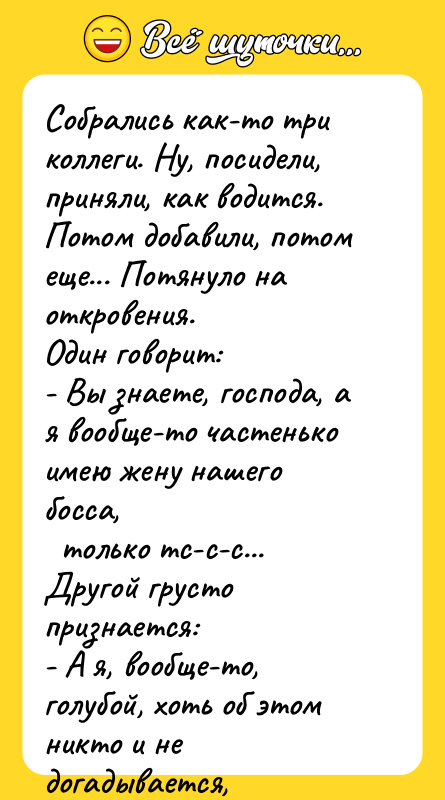 Собрались как-то три коллеги. Hу, посидели, приняли, как водится. Потом