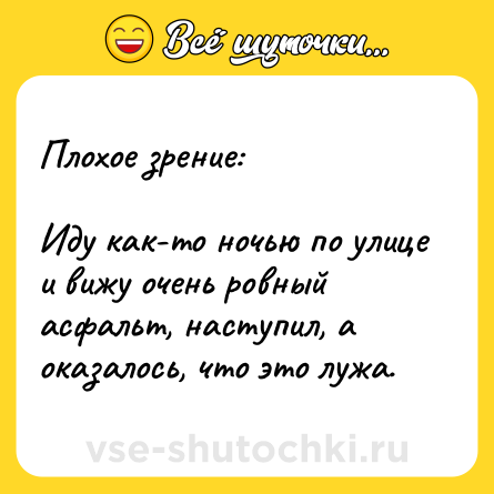 Шутка: Плохое зрение:<br><br>Иду как-то ночью по улице и вижу очень ровный асфальт, наступил, а оказалось, что это лужа.